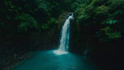 Poster - Stunning turquoise waterfall cascading gracefully into a serene pool, surrounded by lush green jungle vegetation, creating an idyllic and picturesque natural paradise in the heart of the rainforest