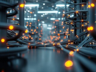 Fototapete - Illuminated network of cables and connections in a technology environment