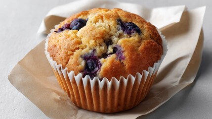 Poster - A blueberry muffin sits attractively on a simple kraft paper sheet with a minimal white background, showcasing its moist texture and vibrant berries