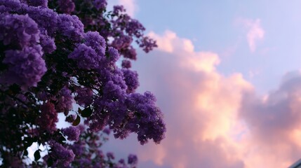 Aufkleber - Vivid purple wildflowers showcase their beauty at dawn, surrounded by striking crimson and gold clouds in a tranquil setting with soft focus