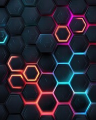 Fototapete - Neon hexagonal pattern background with dark textures and vibrant highlights