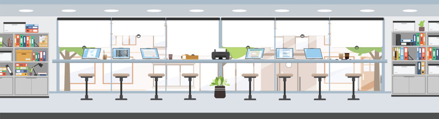 Fototapete - Modern workplace with laptop, Office desk for working, Interior of business company work floor with outside street view.