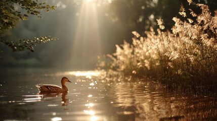 Aufkleber - A mallard duck glides smoothly across a tranquil lake, framed by golden reeds. The soft evening light casts a warm glow over the calming waters