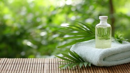 Poster - Soft-light highlights a plush towel and aromatic oils on a bamboo mat, creating a serene atmosphere perfect for relaxation and self-care in a spa setting