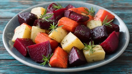 Aufkleber - Hearty roasted root vegetables served on a ceramic plate, arranged attractively on a rustic wooden table, perfect for showcasing seasonal flavors