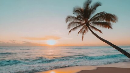 Poster - Tranquil ocean waves washing ashore on a pristine sandy beach, glowing with warm golden hues of sunset, while a gracefully leaning palm tree enhances the tropical paradise