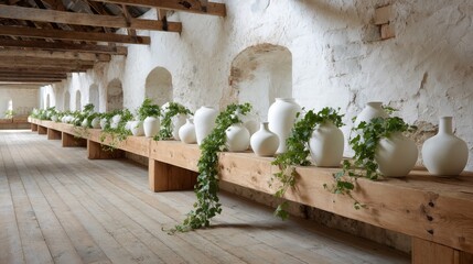 Leinwandbilder - Rustic oak shelves display white ceramic vases surrounded by trailing ivy plants, creating a warm, inviting ambiance in a sunlit, airy space