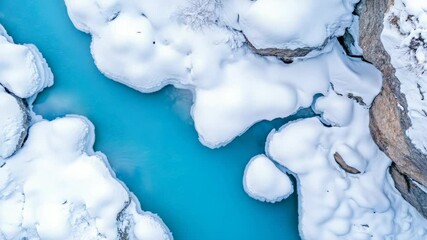 Poster - Turquoise river water flowing through a snowy winter landscape, creating a stunning contrast between the cold white snow and the vibrant blue water, seen from above