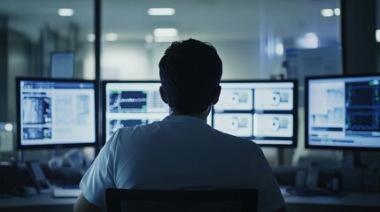 Poster - Man in a control room monitoring multiple computer screens at night.