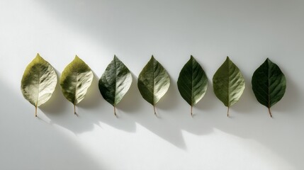 Leinwandbilder - Aligned herb leaves showcase subtle variations in color and texture, casting soft shadows on a clean white surface, creating a serene and balanced composition