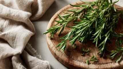 Poster - Textured cedar cutting board with fresh rosemary sprigs rests on a rustic linen cloth, creating an inviting and warm atmosphere perfect for culinary displays