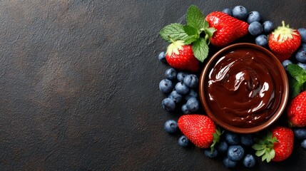 Poster - Overhead view of a glossy bowl holding melted chocolate, encircled by ripe strawberries and blueberries on a textured black slate surface, with space for text