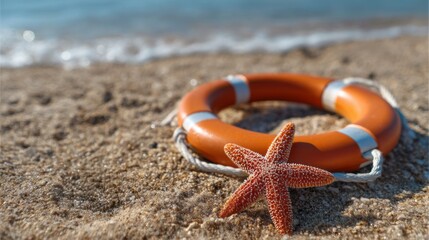 Poster - Bright orange life preserver rests on the soft sand, accompanied by a vibrant starfish. The ocean waves gently wash ashore, creating a peaceful coastal atmosphere