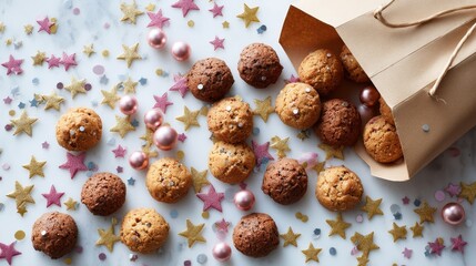 Poster - A colorful pouch filled with assorted cookies spills onto a white tabletop, surrounded by glitter stars and confetti, under soft natural light