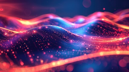 Poster - Abstract picture of neon light particle with digital technology style design connecting become dynamic of electric wave movement represent about flowing of data or structure of network system. AIG53.