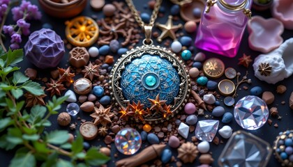Poster - Intricate amulet surrounded by various natural objects creating a harmonious composition