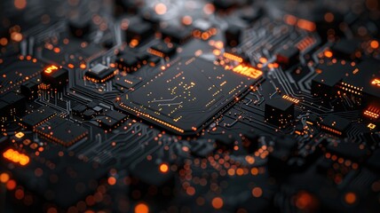 Fototapete - Abstract picture of chip on complex circuit with digital technology style design and the electric light graphic show dynamic movement represent about processor algorithm process on computer. AIG53.