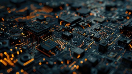 Fototapete - Abstract picture of chip on complex circuit with digital technology style design and the electric light graphic show dynamic movement represent about processor algorithm process on computer. AIG53.