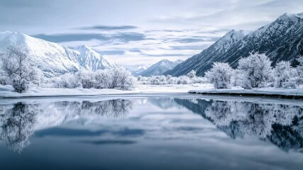 Poster - Snow covered mountains and frost covered trees create a picturesque winter landscape, their serene reflections mirrored in the calm waters of a pristine lake