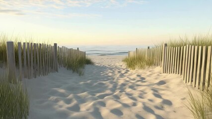 Aufkleber - Wooden fences lining a sandy path lead toward the beach at sunrise, crafting a serene and inviting coastal scene filled with tranquility and natural beauty