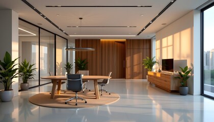 Poster - Modern office featuring a desk and chairs in a sleek minimalistic interior design style