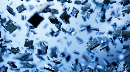 Poster - Abstract floating blue cubes in digital space. Digital art for design and print. Digital artwork of 3D rendering black cube floating in the gradient blue and white background. Technology. AIG53.
