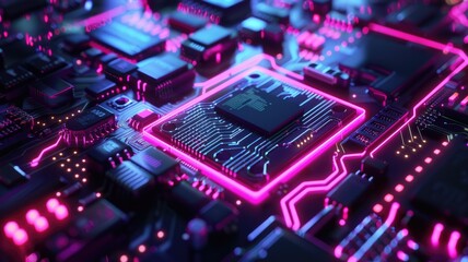 Poster - Close up of a circuit board with neon lights. Macro photography of motherboard or microchip or electrical circuit with gradient pink and purple glowing neon light. Digital artwork for design. AIG53.