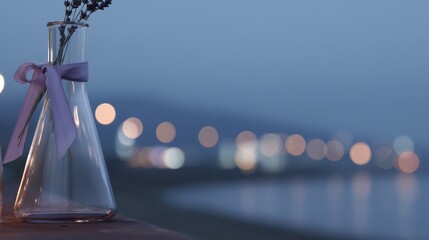 Aufkleber - Close-up of a frosted glass flask tied with a lavender ribbon, set against a misty urban skyline at twilight with soft bokeh lights in the background