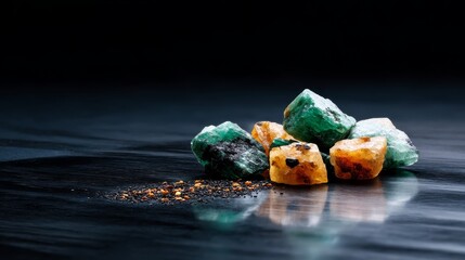 Poster - Jagged crystals glimmer with emerald and amber hues, resting on polished obsidian. The shiny surface reflects their natural beauty, inviting admiration