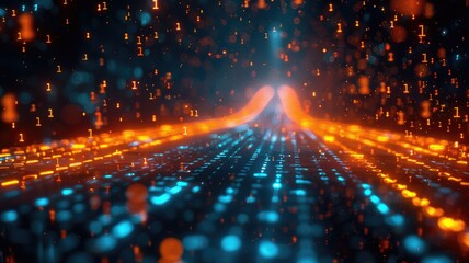 Poster - Glowing orange and blue lights in a futuristic digital tunnel. Depth and perspective of neon-lit pathways. Technology and sci-fi concept for wallpaper, banner, and print. Technology innovation. AIG53.