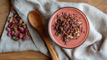 Poster - A refreshing smoothie in a clear glass, garnished with chopped nuts and chocolate, sits on a light wood table alongside a linen napkin, inviting enjoyment