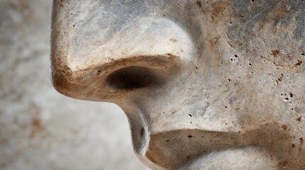 Poster - Close-up of a minimalist clay sculpture showcasing smooth features and a serene expression, highlighted by soft natural light with copy space for text
