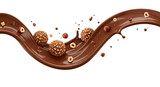 Splash de creme de chocolate com bombons e avelãs voando em fundo transparente. Doce, cremoso e apetitoso conceito de confeitaria.