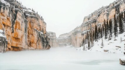 Poster - Mist hovering over a frozen lake, surrounded by snow covered cliffs and towering pine trees, creates a tranquil winter landscape filled with serene beauty and icy charm