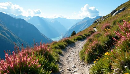 Wall Mural - Rugged mountain path winding upwards through heather and wildflowers under a bright blue sky , ascent, mountain, wildflowers