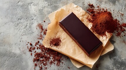 Aufkleber - A dark chocolate bar rests on craft paper, surrounded by cocoa powder on a rough concrete surface, illuminated by natural light for an inviting look