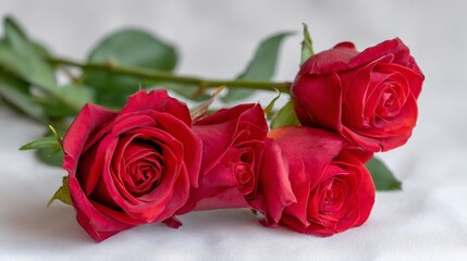 Aufkleber - A close-up view of three vibrant red roses showcases their delicate petals against a plain white surface, with perfect space for additional text or decoration