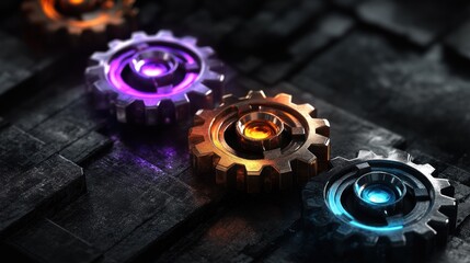 Fototapete - Glowing metallic gears interlock on dark surface.