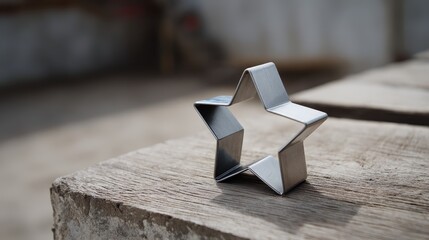 Poster - Metallic cookie cutter shaped like a star sits on a lightly textured wooden table, enjoying soft ambient reflections on a quiet day