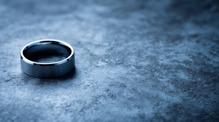 Aufkleber - A smooth titanium ring rests on a dark surface, softly illuminated with a pulsing light, creating gentle reflections around its edges and ample copy space