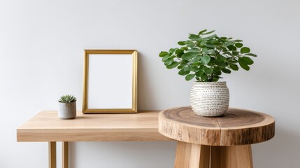 Leinwandbilder - Golden frame rests on a modern coffee table next to a leafy plant and simple decor, creating a serene atmosphere with soft, warm lighting