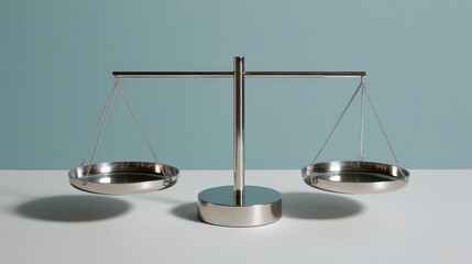 Poster - A balanced metallic scale icon stands centered against a neutral background, featuring clean lines and subtle shadows, providing ample copy space on the left