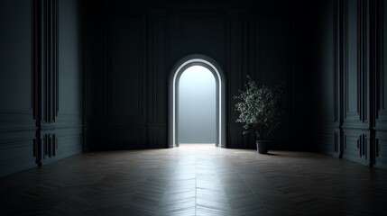 Aufkleber - Bright light filters through an arched opening in a classic hallway adorned with dark-paneled walls and a lush potted plant, creating a serene atmosphere