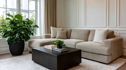 Poster - Stylish living room designed with a contemporary aesthetic, showcasing a plush sofa, elegant coffee table, and decorative greenery for a fresh ambiance