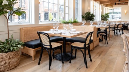 Aufkleber - Chic dining area showcases a rectangular table surrounded by elegant black-backed chairs, with a light-filled environment highlighting warm, inviting tones