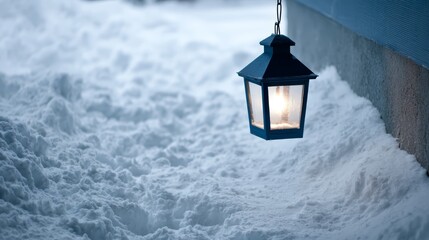 Aufkleber - Lantern hangs in a serene winter setting, glowing softly amidst fresh snow. The untouched ground adds to the tranquil and peaceful atmosphere of the scene