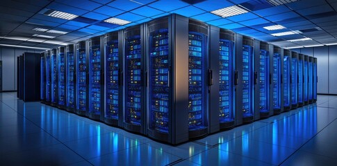 Aufkleber - Wide angle shot of a futuristic data center with endless rows of server racks glowing with blue lights, perfect for illustrating advanced tech infrastructure