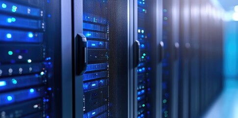 Aufkleber - Long corridor of a modern server room with clear focus on the glowing rack panels and illuminated floor reflections, great for visuals on data storage and tech