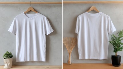 Leinwandbilder - A blank white t-shirt is presented in a flat lay format, showing both front and back views against a minimalist background that allows for additional design elements
