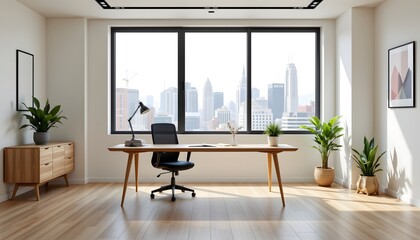 Poster - Contemporary desk set in a modern room with minimalist office design and copy space
